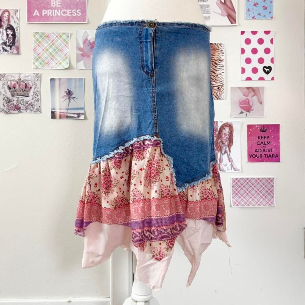 y2k Boho Patchwork Denim Floral Ruffle Skirt Midi Tiered Festival